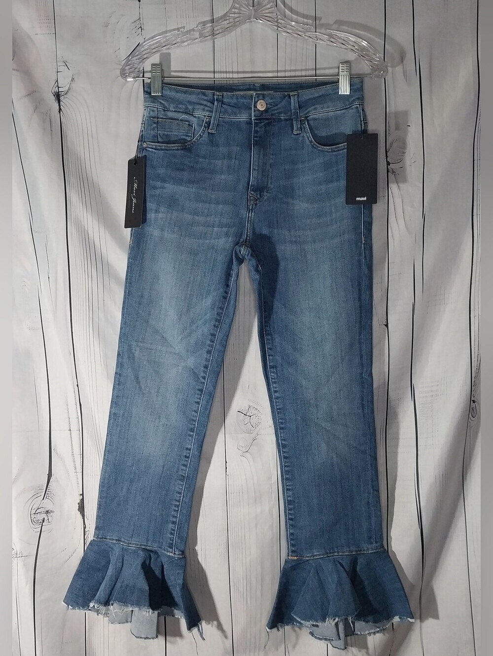 Mavi Tessa Mid-Rise Crop Ruffle Flare Festival Boho Jeans With Raw Hem NWT